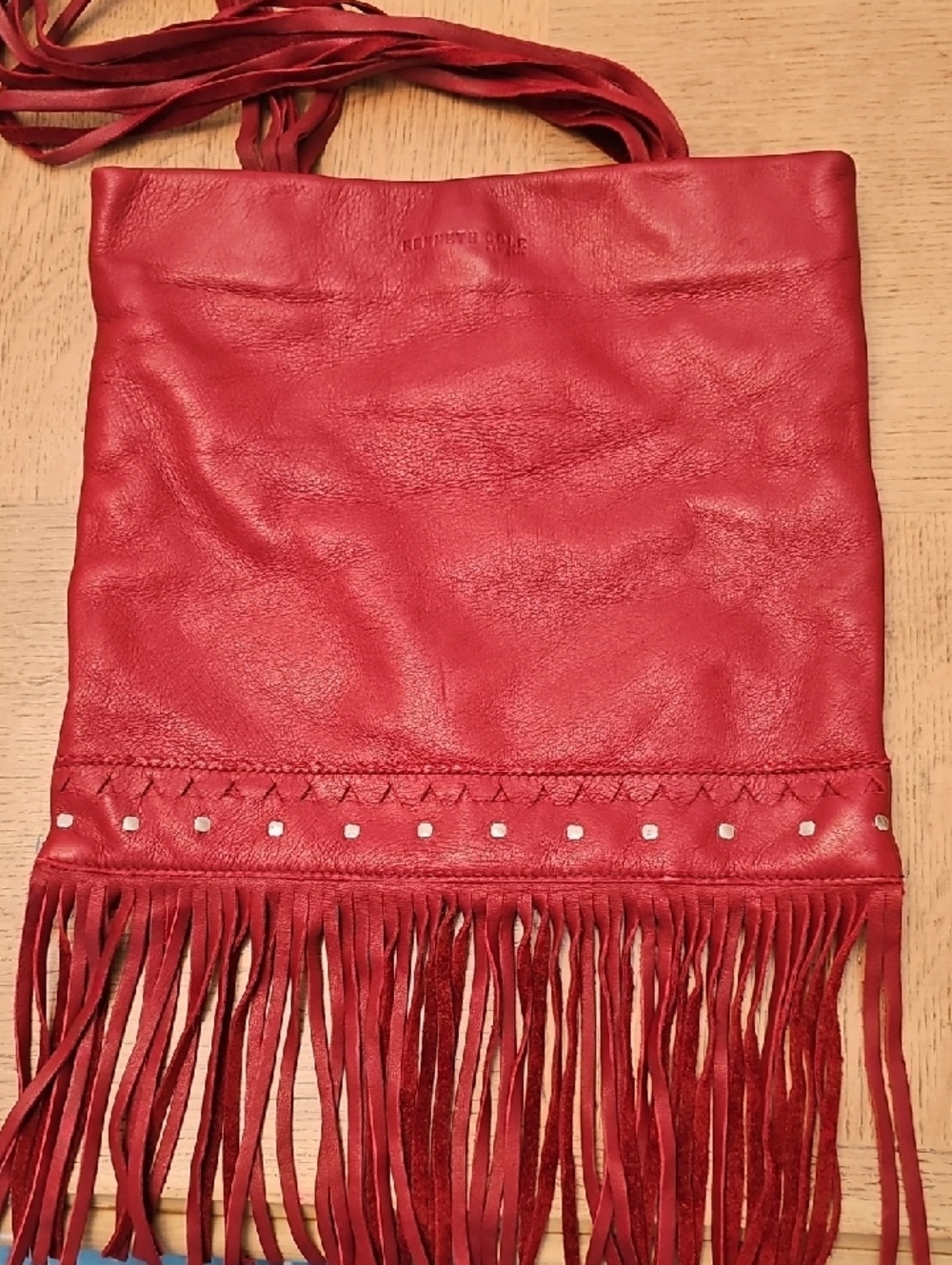 Kenneth Cole Red Leather Fringe Hobo Shoulder Bag